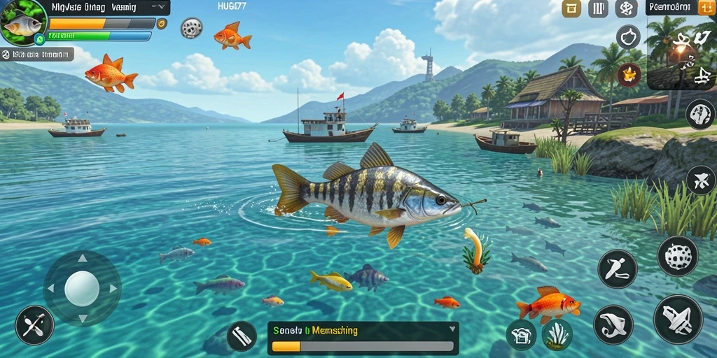 Tampilan gameplay HUGO77 yang menarik saat memancing ikan.