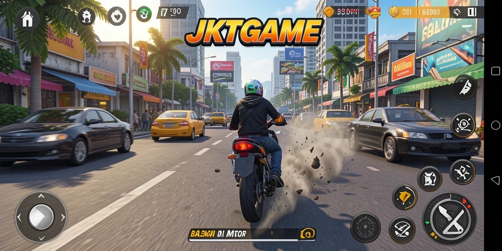 Screenshot gameplay JKTGAME menampilkan balapan motor yang cepat dan mendebarkan.