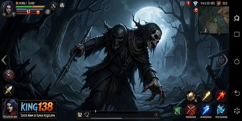 Screenshot menampilkan gameplay KING138 yang mencekam dengan suasana gelap dan misterius.