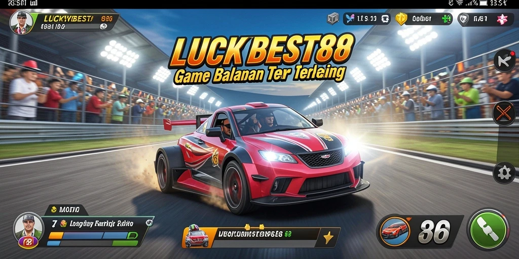 Tangkapan layar gameplay LUCKYBEST88 dengan mobil balap di lintasan.