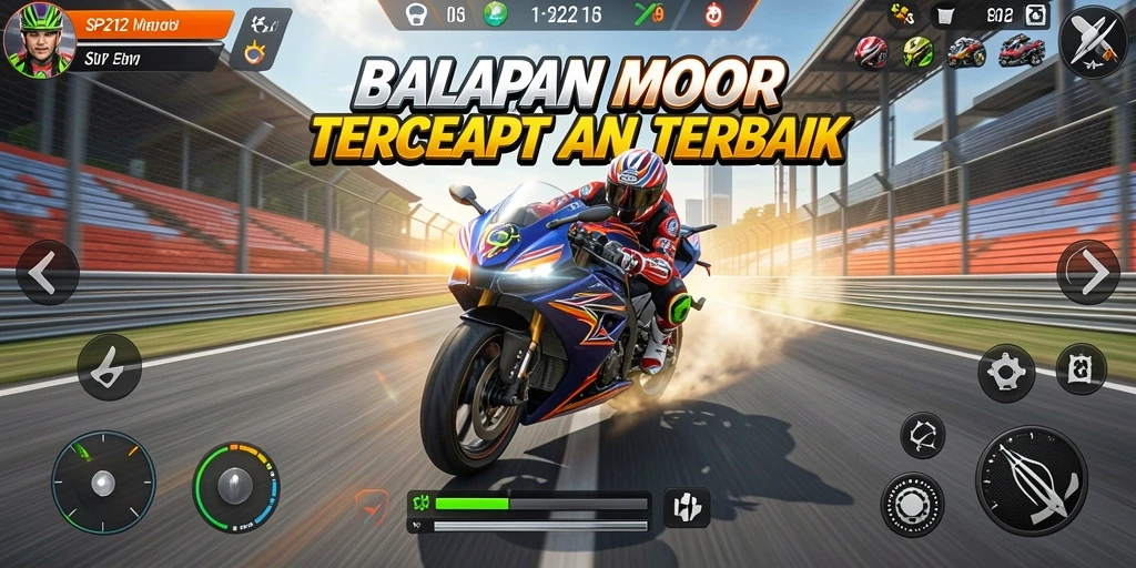 Screenshot gameplay SP212 menampilkan aksi balap motor yang mendebarkan.