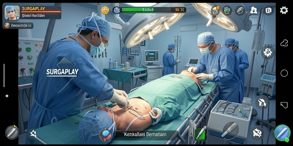 Screenshot SURGAPLAY menampilkan gameplay bedah yang realistis dan mendetail.