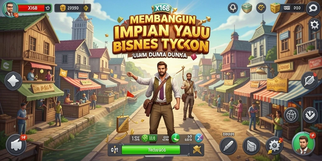 Tangkapan layar dari gameplay X168 menampilkan strategi bisnis dan pembangunan empire.